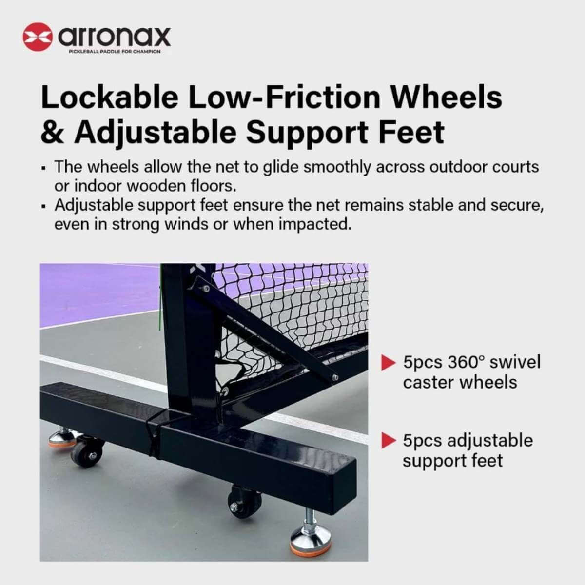 arronax-tournament-grade-pickleball-net-2 ARRONAX Tournament-Grade Pickleball Net เน็ตพิกเกิลบอล เกรดแข่งขัน โครงเหล็กกันสนิม พร้อมล้อล็อก - arronax tournament grade pickleball net 2