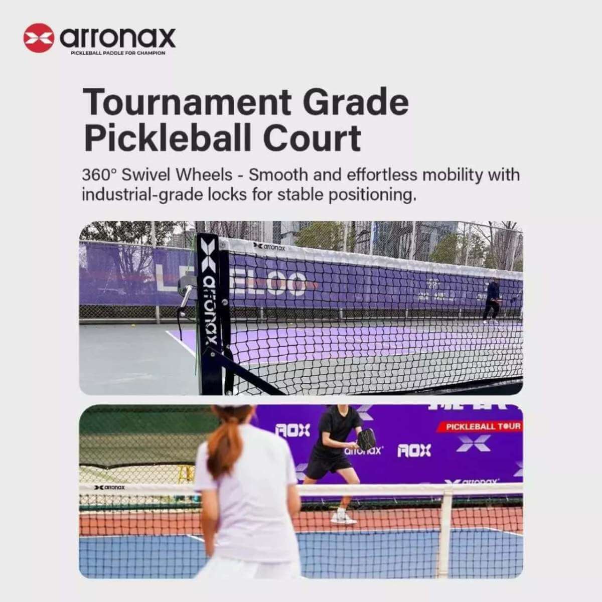arronax-tournament-grade-pickleball-net-4 ARRONAX Tournament-Grade Pickleball Net เน็ตพิกเกิลบอล เกรดแข่งขัน โครงเหล็กกันสนิม พร้อมล้อล็อก - arronax tournament grade pickleball net 4