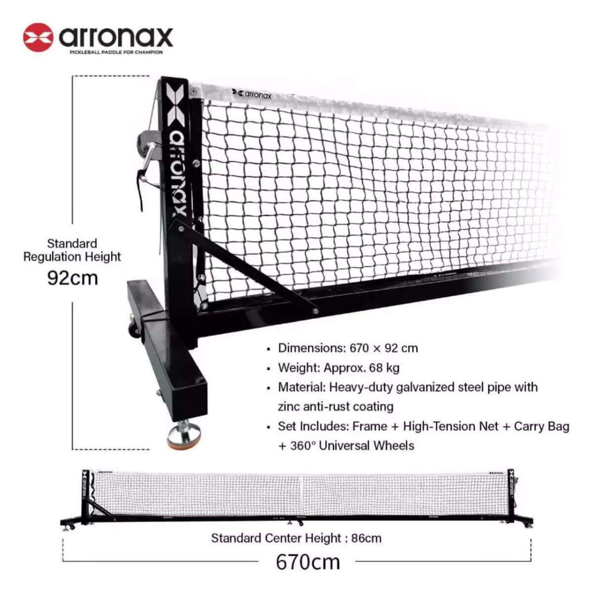 arronax-tournament-grade-pickleball-net-5 ARRONAX Tournament-Grade Pickleball Net เน็ตพิกเกิลบอล เกรดแข่งขัน โครงเหล็กกันสนิม พร้อมล้อล็อก - arronax tournament grade pickleball net 5