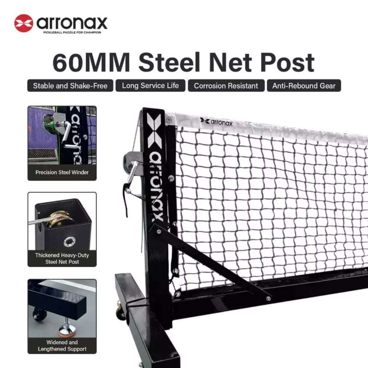 arronax-tournament-grade-pickleball-net-8 ARRONAX Tournament-Grade Pickleball Net เน็ตพิกเกิลบอล เกรดแข่งขัน โครงเหล็กกันสนิม พร้อมล้อล็อก - arronax tournament grade pickleball net 8