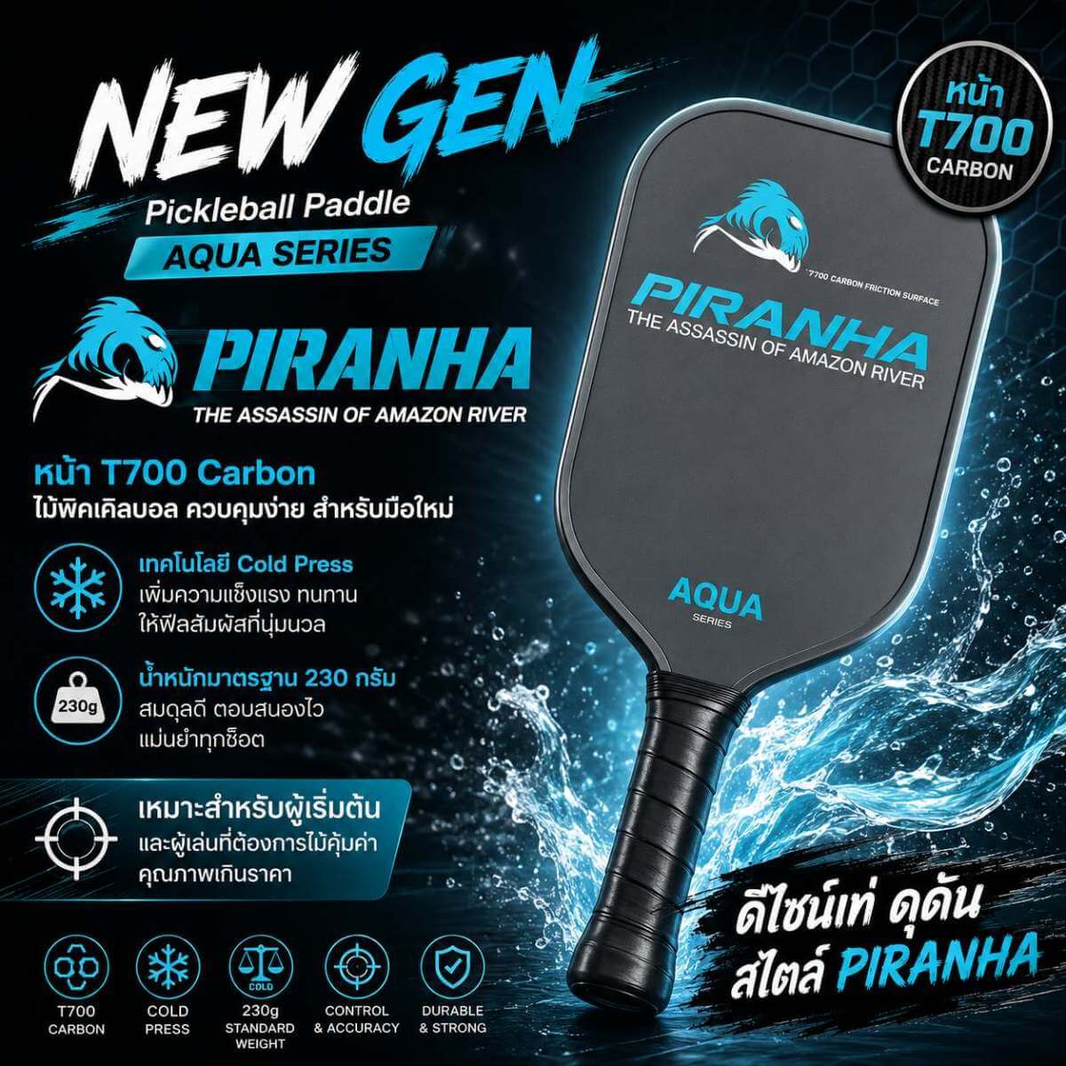 1c28f282-17ea-4f2e-9390-98d7d6ffb8e0 AQUA Piranha Pickleball Paddle T700 Carbon | ไม้ Pickleball Cold Press คอนโทรลง่าย สปินดี - 1c28f282 17ea 4f2e 9390 98d7d6ffb8e0