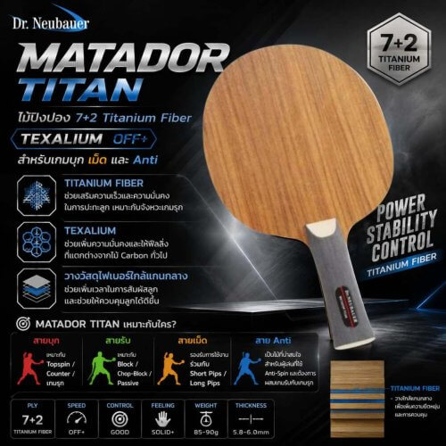 Dr.Neubauer Matador Titan 7+2 | ไม้ปิงปอง Titanium Fiber + Texalium OFF+ สำหรับสายบุกและสายรับ
